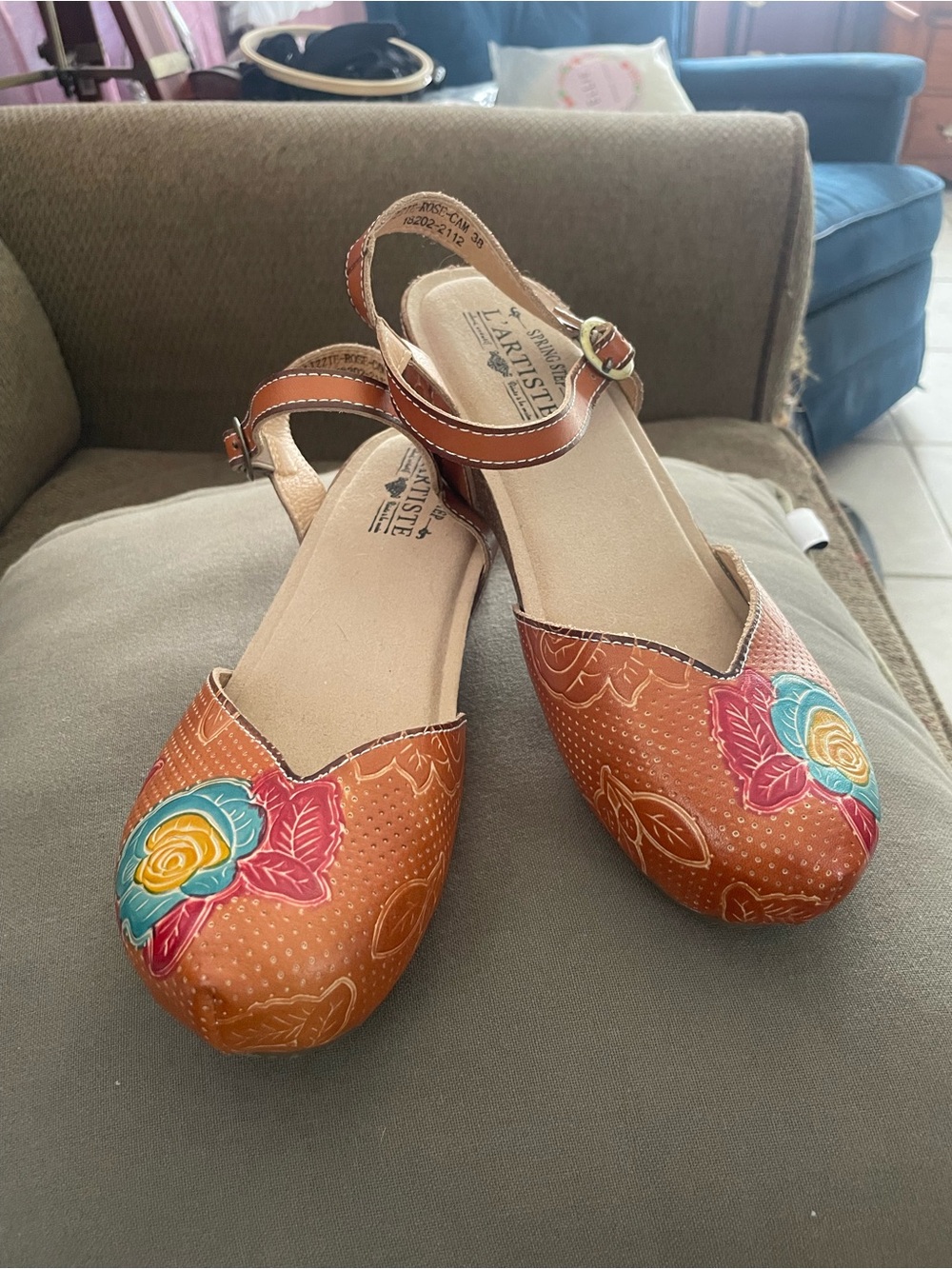 Brown Floral Embroidered Ankle-Strap Flats - Women's by Spring Step